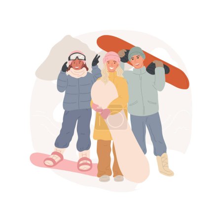 Illustration for Snowboarding isolated cartoon vector illustration. Group of smiling teenagers with snowboards, holding equipment, extreme winter sport, active lifestyle, getting adrenaline vector cartoon. - Royalty Free Image