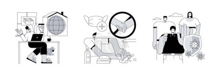 Coronavirus protección personal concepto abstracto vector ilustración conjunto. Autoaislamiento, hacer su parte, usar una máscara, lavarse las manos, distanciamiento social, exposición a la infección riesgo metáfora abstracta.