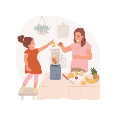 Smoothie isolierte Zeichentrickvektorillustration. Kinder und Mama legen Obst in den Mixer, kochen in der Familie, bereiten in der Küche gesunde Getränke zu, machen gemeinsam Smoothie zu Hause..