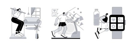 Illustration for Sport lifestyle abstract concept vector illustration set. Portable workout gym, VR fitness, connected workout, home workout system, virtual reality training session, smart gym abstract metaphor. - Royalty Free Image