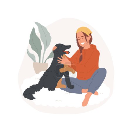 Illustration for Caress a pet isolated cartoon vector illustration. Happy young woman spending time together with adorable pet, stress management, people psychology, socio-emotional development vector cartoon. - Royalty Free Image
