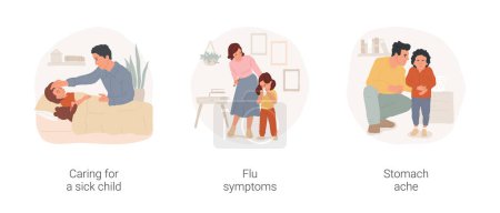 Illustration for Childhood sickness isolated cartoon vector illustration set. Mother caring for sick child, flu symptoms, kid sneezing and coughing, stomach ache, child holds belly, food poisoning vector cartoon. - Royalty Free Image