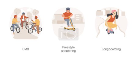 Illustration for Extreme hobbies isolated cartoon vector illustration set. Teenage boy on bmx bike, freestyle scootering, riding kick scooter in skate park, girl riding longboard, urban longboarding vector cartoon. - Royalty Free Image