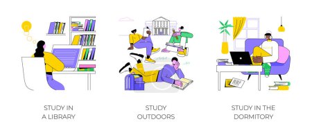 Getting ready for classes isolated cartoon vector illustrations set. Study in a library and outdoors, student preparing for college classes in dormitory room, student lifestyle vector cartoon.