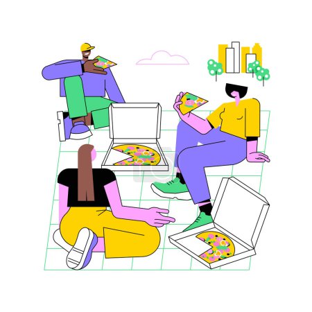 Illustration for Italian pizza isolated cartoon vector illustrations. Group of people eating delicious pizza together outdoors, fast food addiction, teenagers lifestyle, leisure time with friends vector cartoon. - Royalty Free Image