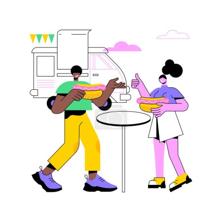 Illustration for Enjoying the meal isolated cartoon vector illustrations. Couple enjoying delicious street food near truck, eating out together at food festival, first date, having fun outdoors vector cartoon. - Royalty Free Image