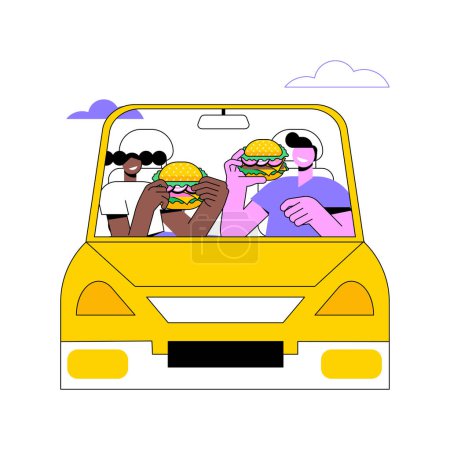 Téléchargez les illustrations : Having lunch isolated cartoon vector illustrations. Happy couple smiling and eating yummy burgers in the car, fast food addiction, takeaway lunch, drive-in restaurant order vector cartoon. - en licence libre de droit