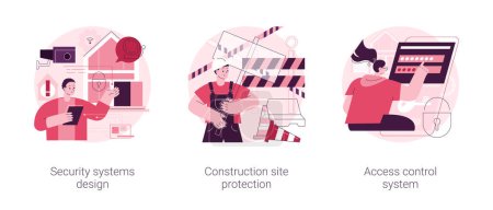 Illustration for Construction security services abstract concept vector illustration set. Security systems design, construction site protection, authorized access control system, video surveillance abstract metaphor. - Royalty Free Image