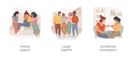 Illustration for Good friends isolated cartoon vector illustration set. Friends support, giving a hug, support each other, group of people laugh together, confidential conversation, sharing thoughts vector cartoon. - Royalty Free Image