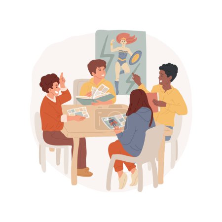 Illustration for Comic book club isolated cartoon vector illustration. Group of teenagers sitting at table reading, discuss comic book, club member, middle school hobby, meeting in library vector cartoon. - Royalty Free Image