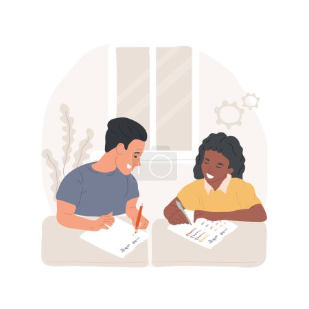 Illustration for Cheating isolated cartoon vector illustration. Student peeking in classmate notebook, writing off at exam, cheating at classes, using cheat sheet, classroom bad behavior vector cartoon. - Royalty Free Image