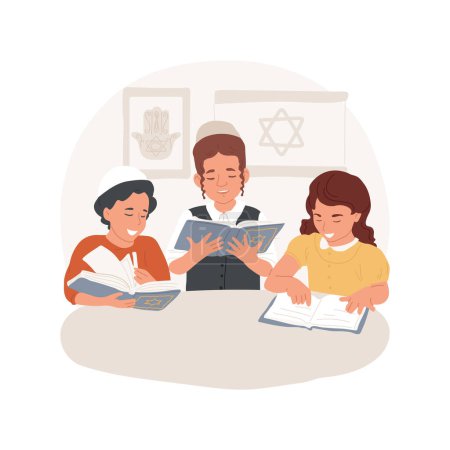 Téléchargez les illustrations : Torah study isolated cartoon vector illustration. Jewish children studying Torah together, religious Holy days, Judaism observances, old culture traditions and practices vector cartoon. - en licence libre de droit