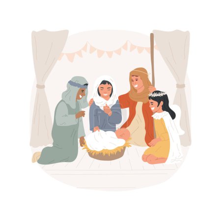 Illustration for Nativity play isolated cartoon vector illustration. Group of little kids in traditional costumes taking part in nativity play, religious festivals celebration, holy days vector cartoon. - Royalty Free Image
