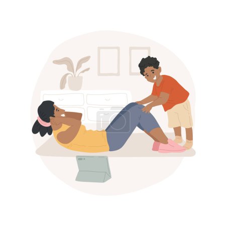 Illustration for Home fitness isolated cartoon vector illustration. Young mom and kid doing crunches at home together, family active lifestyle, physical activity during pandemic, staying fit vector cartoon. - Royalty Free Image