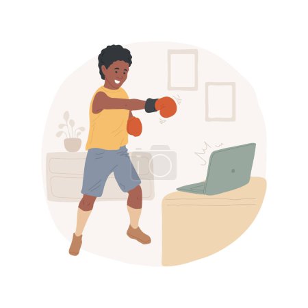 Illustration for Kickboxing isolated cartoon vector illustration. Young kid practice kickboxing via internet during quarantine, people active lifestyle, physical activity indoors, staying fit vector cartoon. - Royalty Free Image