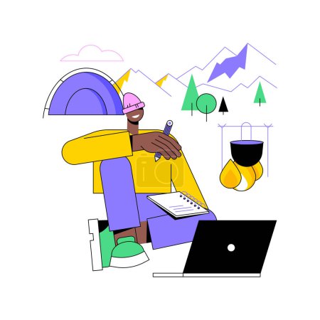 Téléchargez les illustrations : Writing for travel blog isolated cartoon vector illustrations. Young travel blogger with laptop writing regular posts for his social nets, summer vacation report, travelling time vector cartoon. - en licence libre de droit