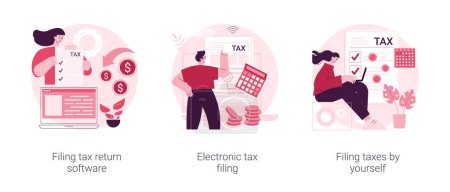 Illustration for Filing taxes by yourself abstract concept vector illustration set. Filing tax return software, electronic documents, gather paperwork, e-file earnings statement, IRS form abstract metaphor. - Royalty Free Image