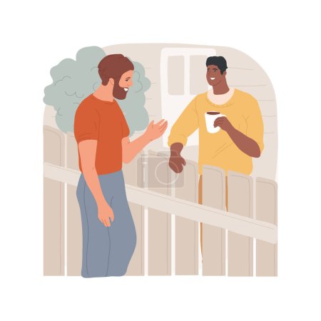 Illustration pour Good neighbours isolated cartoon vector illustration. Neighbors speaking through the fence, cups of coffee in hands, casual talk, outdoor meeting, good friendly relationship vector cartoon. - image libre de droit