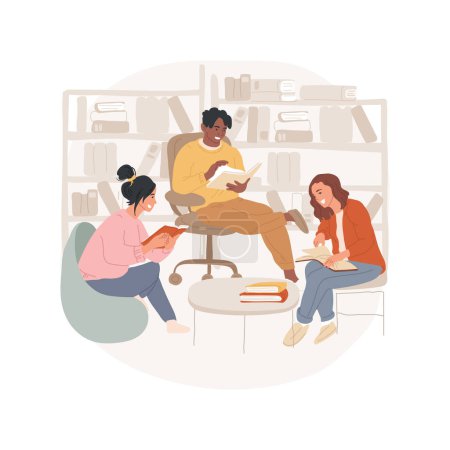 Téléchargez les illustrations : Library isolated cartoon vector illustration. People sitting in a local library, small cozy reading room, community meeting, residential common facilities, indoor public place vector cartoon. - en licence libre de droit