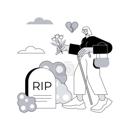 Illustration for Widowed person abstract concept vector illustration. Spouse died, sorrowful elderly, grieving husband and wife, support group, loss of partner, funeral, gravestone, memory abstract metaphor. - Royalty Free Image
