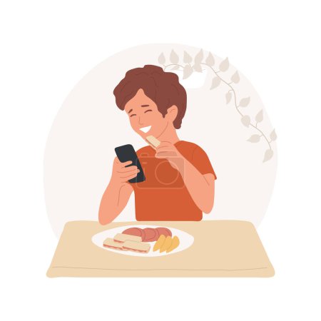 Illustration for Eating with electronic devices isolated cartoon vector illustration. Kid holding smartphone and eating delicious snacks, food addiction, bad habits, nutrition problem vector cartoon. - Royalty Free Image