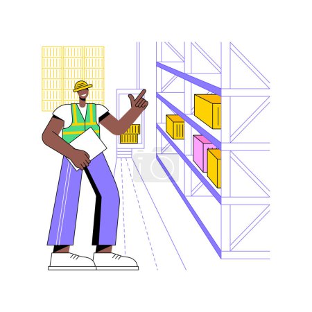 Illustration for Automated storage and retrieval system isolated cartoon vector illustrations. Warehouse manager controls automatically retrieving of goods, inventory technologies, AS-RS industry vector cartoon. - Royalty Free Image