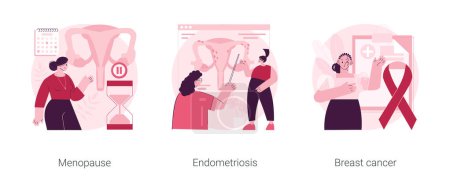 Illustration for Female health issues abstract concept vector illustration set. Menopause and endometriosis, breast cancer prevention and diagnostics, hormonal change, women climax, mammogram abstract metaphor. - Royalty Free Image