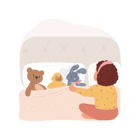 Illustration for Putting to bed stuffed toys isolated cartoon vector illustration. Little girl puts her toys to bed, happy childhood, childs ritual before sleep, family lifestyle, kids habit vector cartoon. - Royalty Free Image