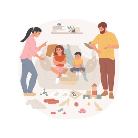 Ilustración de Cluttering the house isolated cartoon vector illustration. Parents are angry about messy home, pile of clothes on sofa, toys scattered, unhealthy lifestyle, family problems vector cartoon. - Imagen libre de derechos