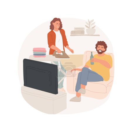 Illustration pour Lazy father isolated cartoon vector illustration. Lazy man laying on a couch with a beer, watching TV, angry wife doing housework, adults bad habits, unhealthy lifestyle vector cartoon. - image libre de droit