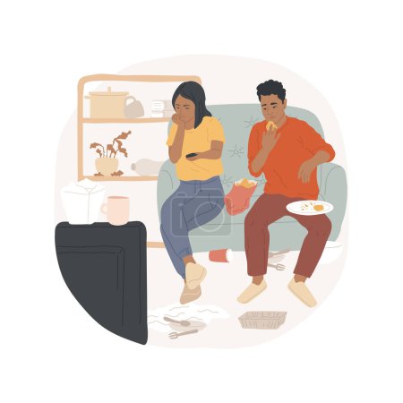Ilustración de Mindless TV watching isolated cartoon vector illustration. Couple switching TV channels with remote control, bored family, dirty house, empty food packs around, bad habits vector cartoon. - Imagen libre de derechos