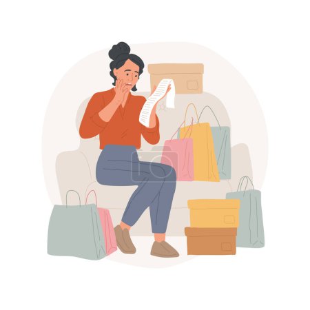 Illustration for Wasteful spending isolated cartoon vector illustration. Angry and shocked woman holds long bill, lots of shopping bags, goods around, people bad habits, money waste vector cartoon. - Royalty Free Image
