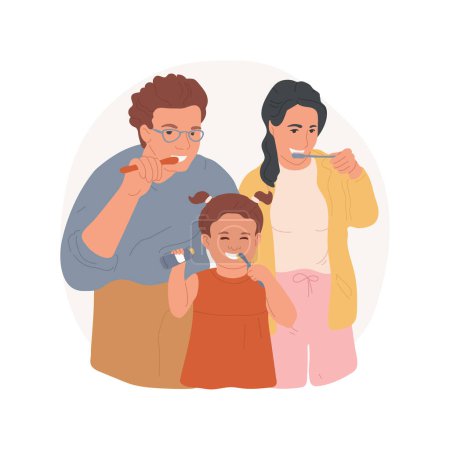 Illustration for Brushing teeth together isolated cartoon vector illustration. Happy parents brushing teeth with kid together, people hygiene rules, family lifestyle, morning rituals vector cartoon. - Royalty Free Image