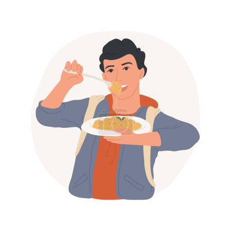 Illustration for Hungry after school isolated cartoon vector illustration. Hungry boy eating spaghetti after school, teenage eating habits, adolescent meal preference, brutal appetite mood vector cartoon. - Royalty Free Image