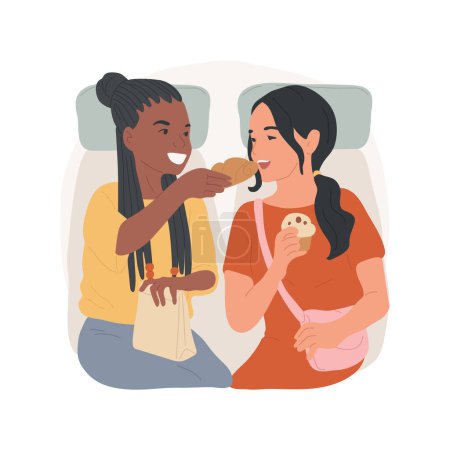 Illustration for Snacking in public transport isolated cartoon vector illustration. Girls eating snack on way to school, young people having tasty lunch on road, teenagers bad eating habits vector cartoon. - Royalty Free Image