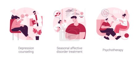 Mental health condition abstract concept vector illustration set. Depression counseling, seasonal affective disorder treatment, psychotherapy, behavioral cognitive therapy abstract metaphor.