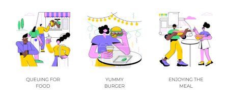 Illustration for Food festival isolated cartoon vector illustrations set. Diverse people queuing up for meal near truck, fast street food, girl eating out tasty burger, enjoying the meal out together vector cartoon. - Royalty Free Image