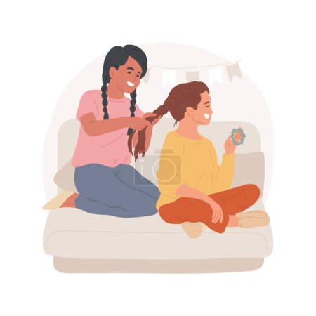 Illustration for Girls braiding isolated cartoon vector illustration. Girls friendship, making a braid hairstyle, cute female children braiding each others hair, sleepover party, best friends vector cartoon. - Royalty Free Image