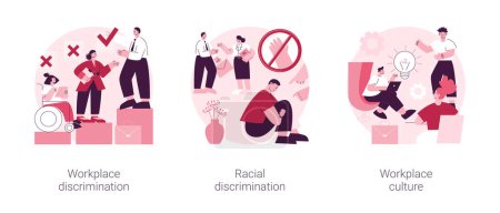 Arbeitsplatzkultur abstraktes Konzept Vektor Illustrationsset. Arbeits- und Rassendiskriminierung, gleiche Beschäftigungschancen, gemeinsame Werte, sexuelle Belästigung, Vorurteile und Vorurteile abstrakte Metapher.