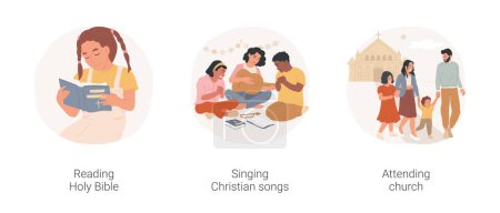 Illustration for Christian education isolated cartoon vector illustration set. Christian girl reading Holy Bible alone, group of diverse teenagers singing religious songs, kids attending church vector cartoon. - Royalty Free Image