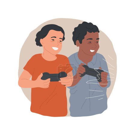 Illustration for Playing too much isolated cartoon vector illustration. Teenage friends playing video games too late at night, exhausted gamers holding joystick, home entertainment with friend vector cartoon. - Royalty Free Image
