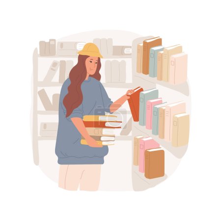 Illustration for Working in a library isolated cartoon vector illustration. Beautiful teenage girl having first job in library, teen standing near bookshelf, summer work, row of books vector cartoon. - Royalty Free Image
