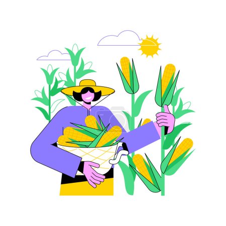 Téléchargez les illustrations : Corn production isolated cartoon vector illustrations. Farmer growing corn plant on field, agriculture industry, agribusiness worker, processing-manufacturing sector vector cartoon. - en licence libre de droit