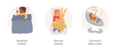 Illustration for Newborn sleep products isolated cartoon vector illustration set. Infant under weighted blanket, put security blanket, automatic baby rocker, newborn bouncer chair, bedtime routine vector cartoon. - Royalty Free Image