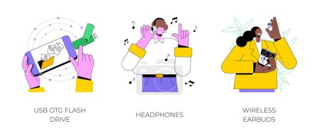 Gadgets and accessories isolated cartoon vector illustrations set. USB OTG flash drive, listening to music with headphones and wireless earbuds, external memory, mobile technology vector cartoon.