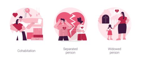 Illustration for Living together abstract concept vector illustration set. Cohabitation, separated person, widowed person, common law relationship, divided couple, loss of partner, support group abstract metaphor. - Royalty Free Image