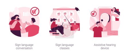 Discapacidad comunicación concepto abstracto vector ilustración conjunto. Conversación en lenguaje de señas, clases de habla silenciosa, audífono asistido, alfabeto manual, personas sordas metáfora abstracta.