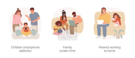 Illustration for Screen addiction isolated cartoon vector illustration set. Children smartphone addiction, digital overload, family screen time, parents working at home, teleworking, home office vector cartoon. - Royalty Free Image