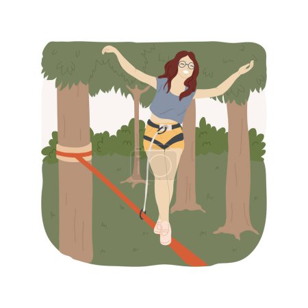 Illustration for Slacklining isolated cartoon vector illustration. Teenage girl walking on a sling, fearless teen doing slackline, balancing on a rope, extreme sport, active lifestyle vector cartoon. - Royalty Free Image