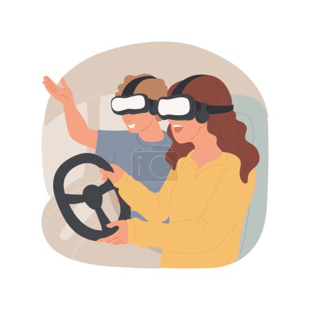 Illustration for Driving game isolated cartoon vector illustration. Hanging out with friends enjoying ride, car driving controllers, headsets and glasses, 3d game environment, augmented reality vector cartoon. - Royalty Free Image